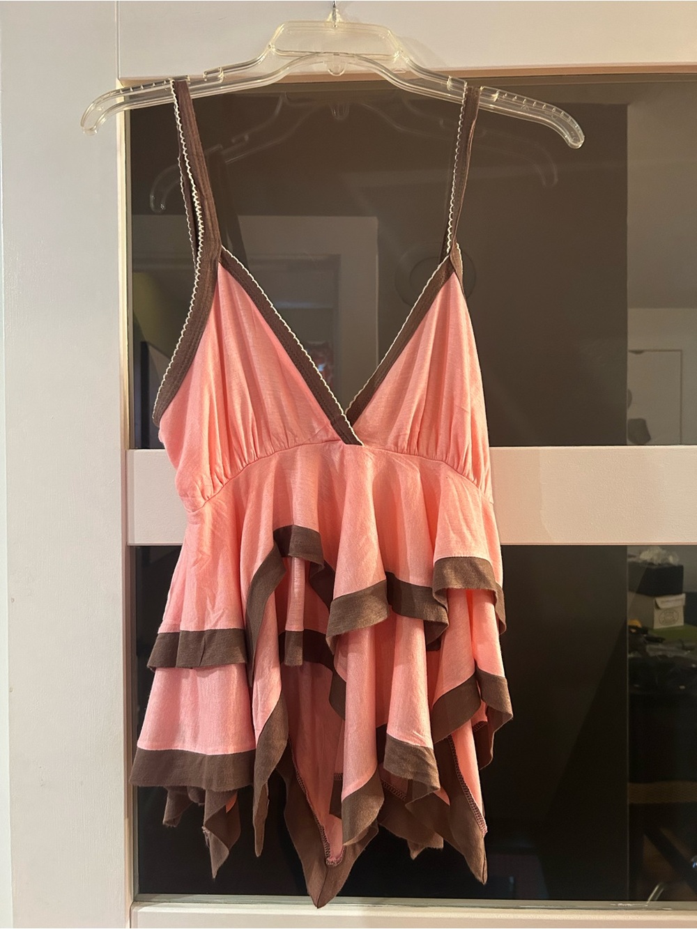 Arden B Pink Layered Handkerchief-Hem Camisole with Brown Trim